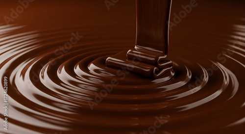 A stream of rich, dark chocolate cascades, creating mesmerizing ripples and a decadent, inviting texture that evokes feelings of indulgence and comfort in a photorealistic rendering.