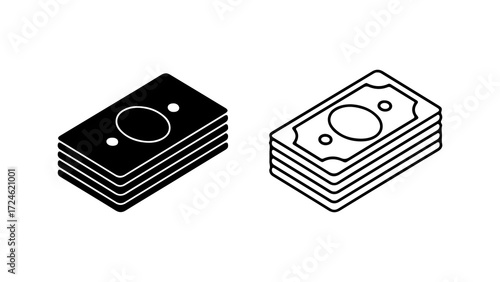 Two isometric stacks of cash bills in black and white outline.
