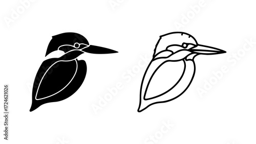 Two kingfisher illustrations one black silhouette one line drawing side profile view detailed illustration focused on bird anatomy.