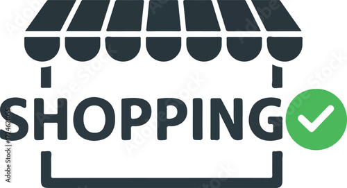 Shopping icon with a green checkmark indicating successful purchase and completion.