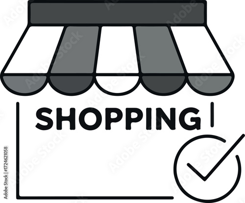 Shopping icon with check mark represents successful purchase and retail.