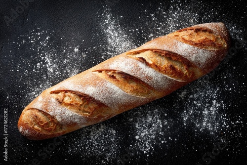 Freshly baked long loaf of bread on dark surface (1)