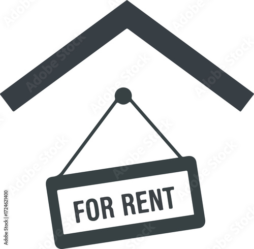 Simple illustration of a for rent sign hanging under a house roof.