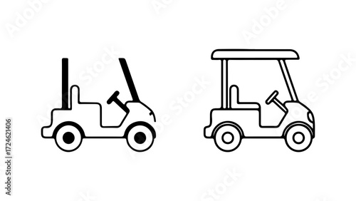Two minimalist golf cart outlines side view for leisure and sports transportation.