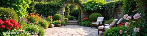 A vibrant and tranquil patio garden oasis, featuring lush greenery, blooming flowers, and charming stonework Perfect for relaxation and outdoor enjoyment , oasis, patio furniture