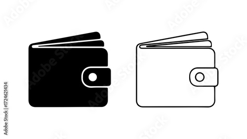 Two minimalist wallet icons one solid black and one outline representing finance and payment.