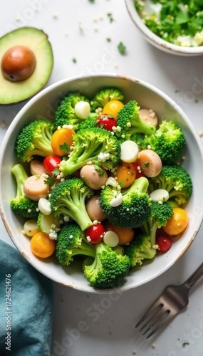 A vibrant and healthy bowl of broccoli salad, featuring fresh broccoli florets, crunchy vegetables, and a creamy dressing Perfect for a light lunch or side dish , tasty, cooking, diet food