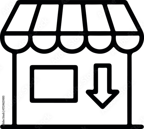 Simple store icon with awning and downward arrow representing sales and discounts.