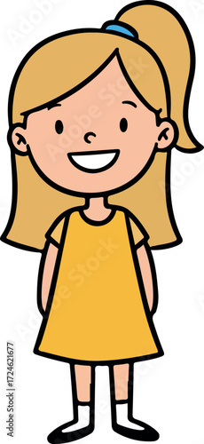 Smiling girl with blonde hair and yellow dress.