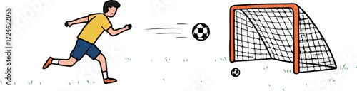 Soccer player kicking ball towards goal for a score.