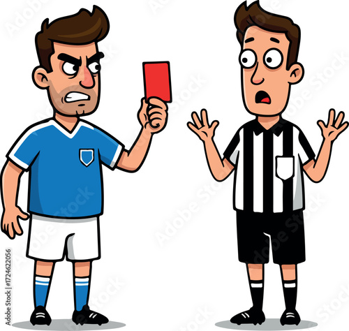 Soccer player receives red card from referee during game.