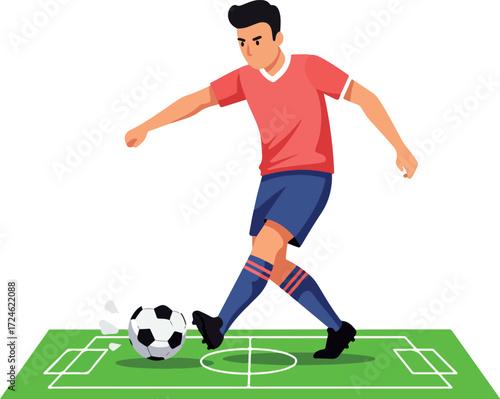 Soccer player kicking the ball with determination on the field.