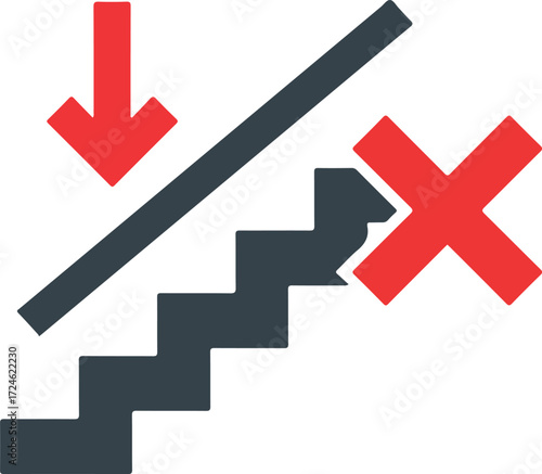Staircase with downward arrow and forbidden sign indicating no access.