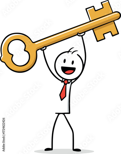 Stick figure proudly holding a giant golden key above his head representing success.