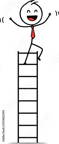 Stick figure on ladder celebrates success.