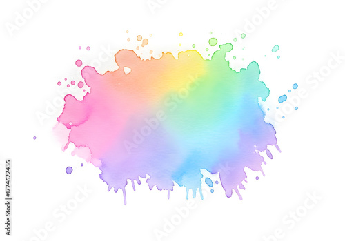 A vibrant watercolor splash in pastel rainbow colors, creating a soft and dreamy abstract background.