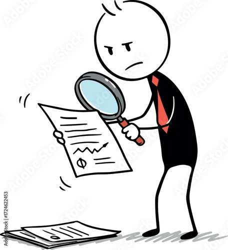 Stick figure scrutinizing document with magnifying glass focused and determined.