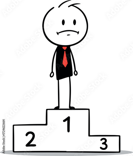 Stick figure stands on podium looking unhappy about the first place position.
