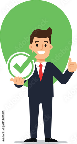 Successful businessman with a thumbs up gesture and a check mark symbol.