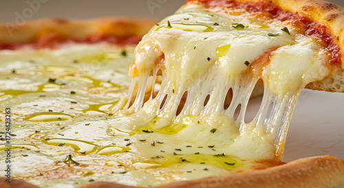 A close-up shot captures a slice of freshly baked pizza being lifted, showcasing the gooey, melted cheese stretching and clinging between the slice and the remaining pizza, a testament to its