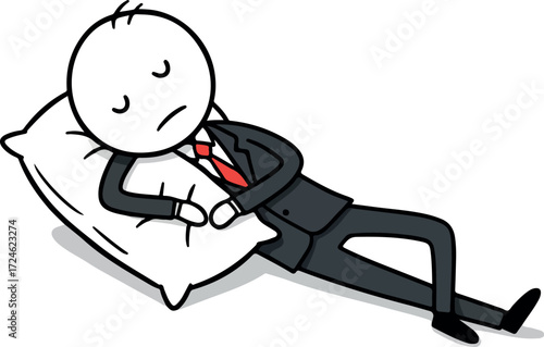 Tired businessman resting on a pillow after a long day of work.
