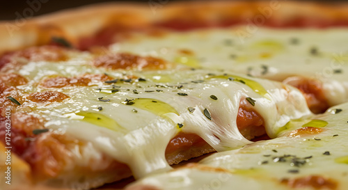 A close-up captures the irresistible allure of a freshly baked pizza, showcasing melted mozzarella, vibrant tomato sauce, a glistening drizzle of olive oil, and scattered herbs, promising a burst of