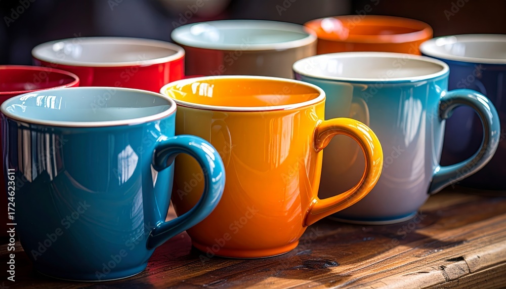 Fototapeta premium Collection of colorful ceramic coffee cups, mugs and saucers isolated on white background