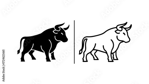 Two stylized bull illustrations one solid black and one outline standing side by side.