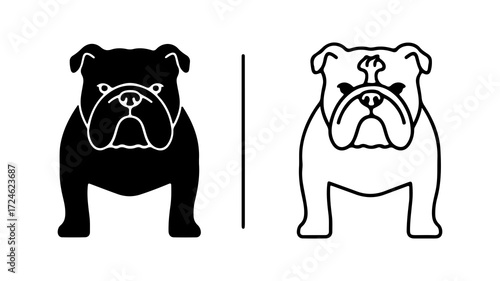 Two stylized bulldog illustrations in black and white.