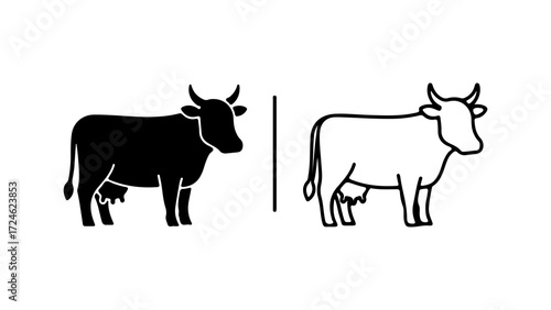 Two stylized cow icons one solid black and one outline representing livestock.