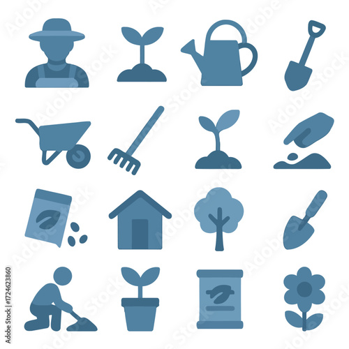 Garden Icons: A collection of various icons representing gardening tools, plants, and gardening work, offering a simple flat style, and conveying a concept of growth and the beauty of nature