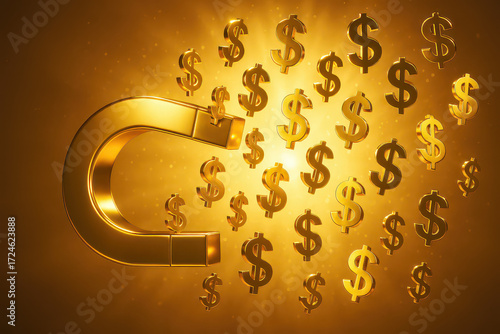 Gold magnet attracting dollar symbols, financial success concept with glowing background