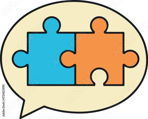 Two puzzle pieces inside a speech bubble representing teamwork and collaboration.