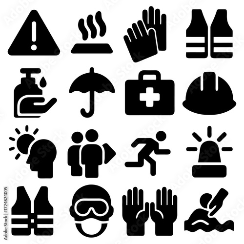 Safety Symbols: An organized collection of safety symbols, expertly designed to convey essential information and ensure secure practices, is presented for optimal clarity and visual appeal.