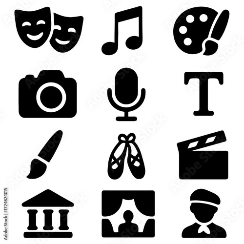Arts and Culture Icons: A collection of artistic and cultural icons, including masks, musical notes, paint palettes, a camera, a microphone, a brush, ballet shoes, a clapperboard, a theater.
