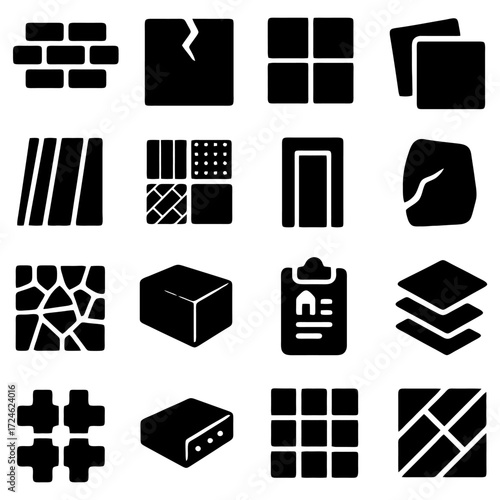 Iconic Construction Elements: A meticulously crafted compilation of architectural symbols, meticulously rendered in striking monochrome, each representing a distinct facet of the construction realm.