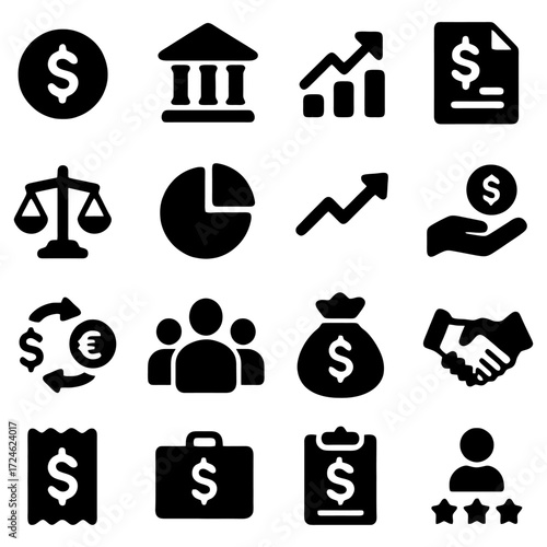 Financial Icons: A collection of financial icons representing various aspects of finance and economics. These simple, black icons showcase essential elements.