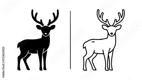 Two stylized deer illustrations one solid black and one outline standing side by side.