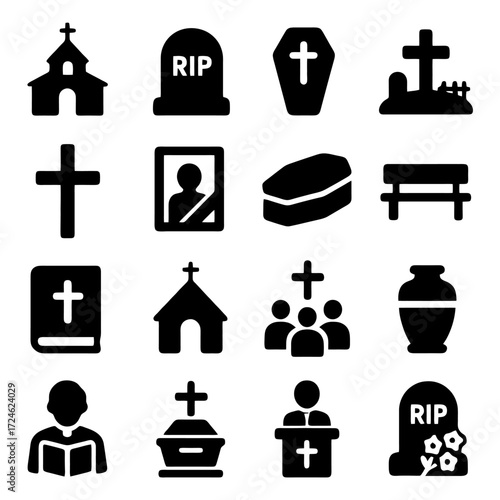 Funeral Symbols and Icons: A collection of meticulously crafted funeral icons depicting a range of significant emblems, each one a symbol of remembrance, grief, and eternal peace.