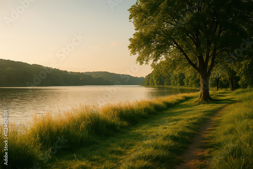Peaceful riverbank with green grass and large tree under warm sunlight