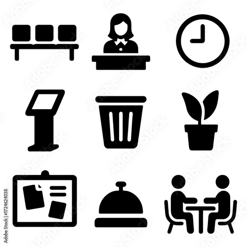 Hotel Services Icon Set: Simple silhouette icons representing various hotel-related services, perfect for visual communication on websites, apps, and informational materials. Featuring reception.