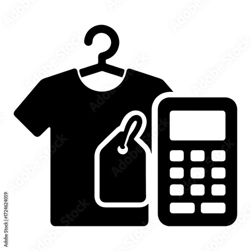 Price Tagging: A clean monochrome image showcasing a t-shirt on a hanger, a price tag, and a calculator, perfectly suited for illustrative use.