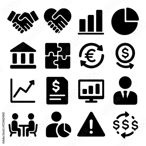 Business Icon Set: A meticulously crafted collection of essential business icons, capturing the essence of finance, teamwork, and data analysis.