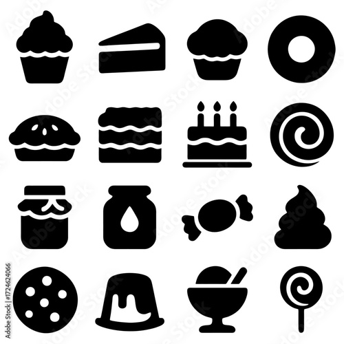 Sweet Treats Collection: A delectable array of iconic dessert symbols, from cupcakes to cakes and everything in between, each a monochrome representation of sugary indulgence and culinary delight. 