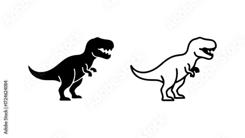 Two stylized dinosaur illustrations one solid black and one outline depicting a TRex.