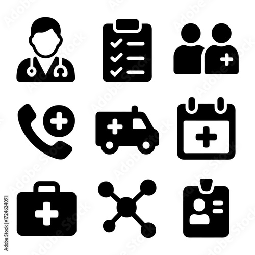 Medical Icon Set: A comprehensive collection of medical icons, depicting healthcare professionals, medical documents, emergency vehicles, and essential medical services, all rendered in a clean.