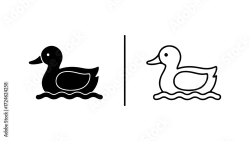 Two stylized duck icons one solid black and one outline on water.