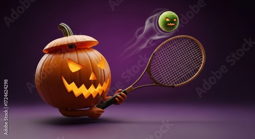 Spooky halloween pumpkin playing tennis with a ghostly tennis ball