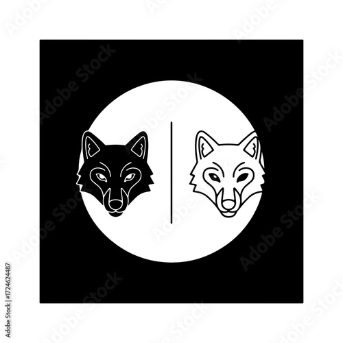 Two stylized fox heads one black and one white facing each other within a circular frame.