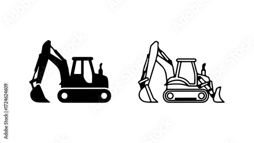Two stylized illustrations of a compact excavator machine.